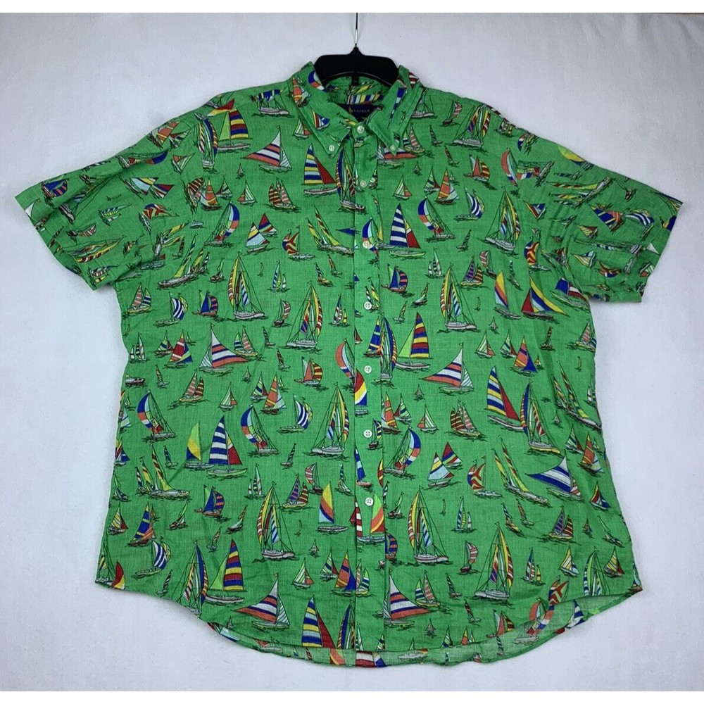 Polo Ralph Lauren Shirt Mens L Linen Button-Up Blue Hawaiian Boats Short Sleeve